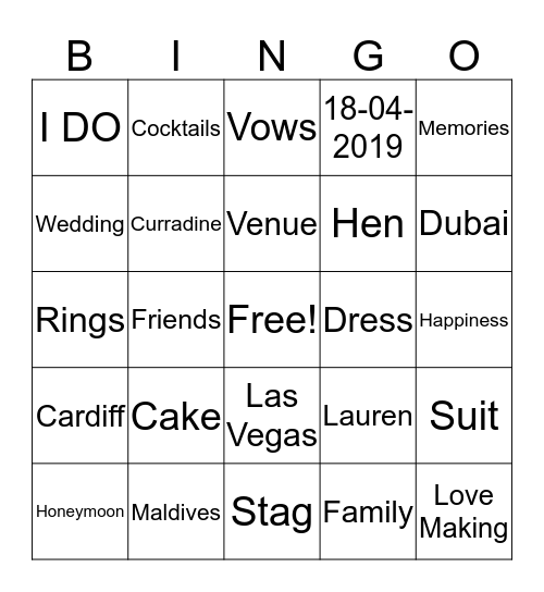 Lauren's Hen 2019 Bingo Card