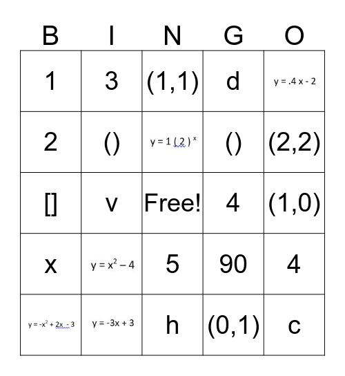 Quadratic Bingo Card