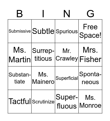 Week 9 Vocabulary Bingo Card