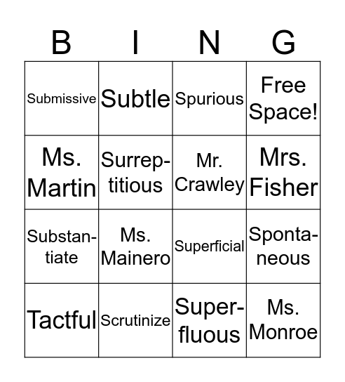 Week 9 Vocabulary Bingo Card