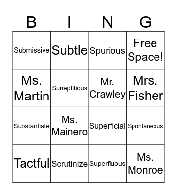 Week 9 Vocabulary Bingo Card