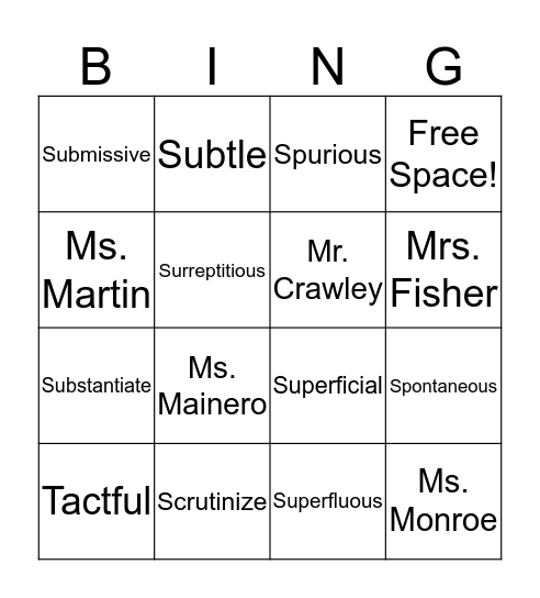 Week 9 Vocabulary Bingo Card