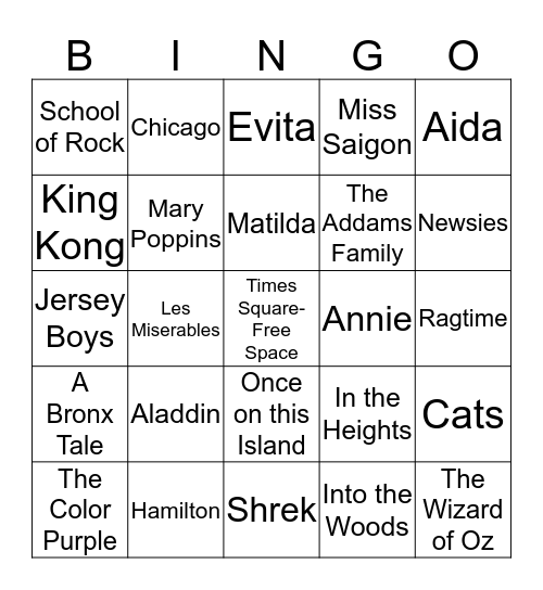 Harvey Takes Broadway Bingo Card