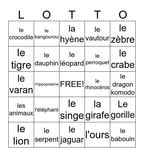 Les animaux aux zoo Bingo Card