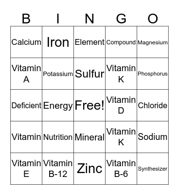 Vitamins and Minerals Bingo Card