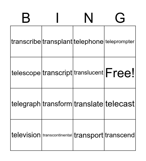 Trans- and Tele- Prefixes Bingo Card