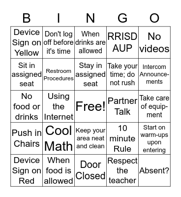 Computer Lab Rules Bingo Card