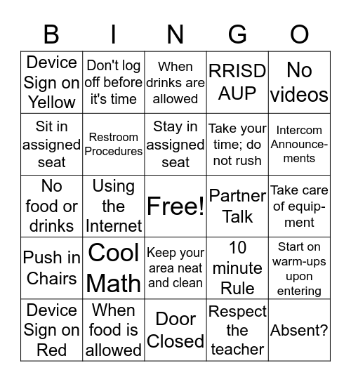 Computer Lab Rules Bingo Card