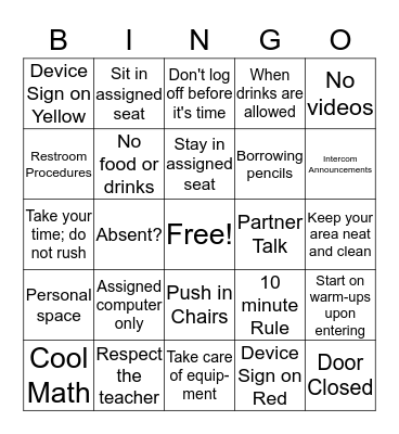 Computer Lab Rules Bingo Card