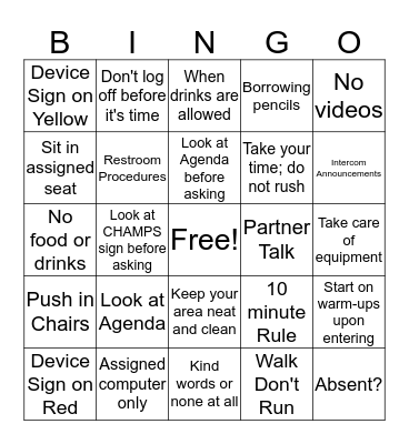 Computer Lab Rules Bingo Card