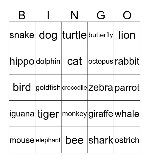 animals -insects Bingo Card