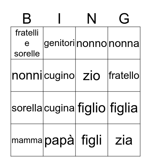 Famiglia Bingo Card