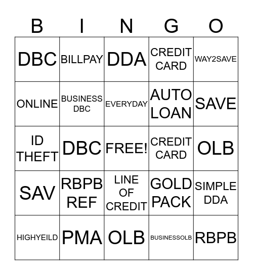 Bank Bingo Card