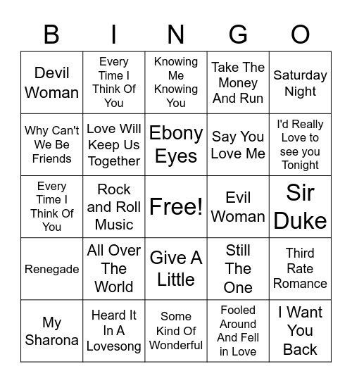 70's hit's Bingo Card