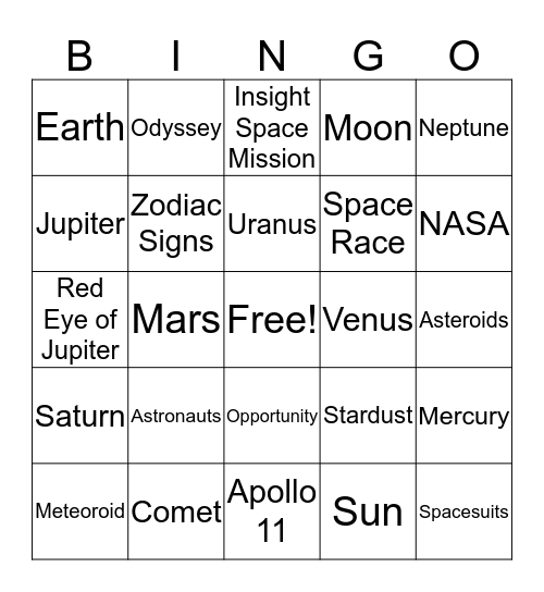 SPACE BINGO Card