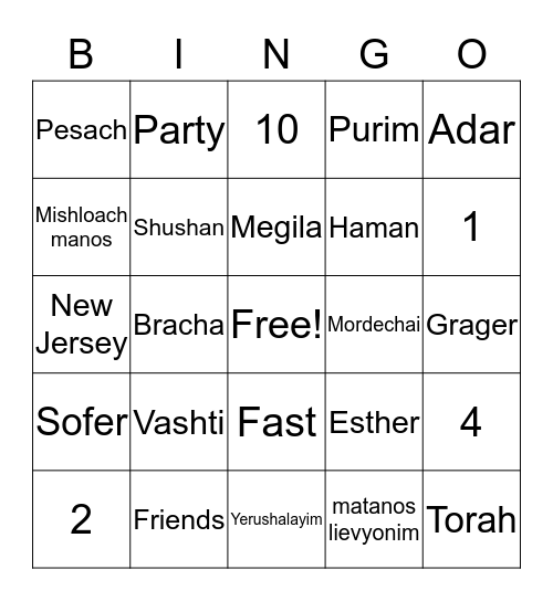 Purim Bingo Card