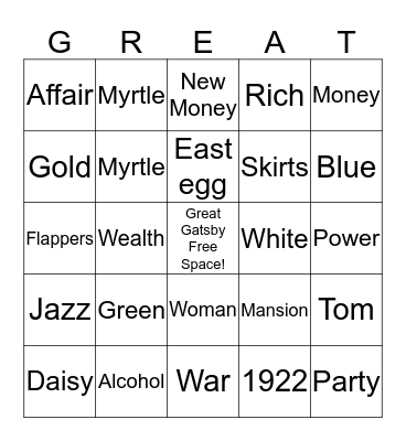 Great Gatsby Bingo Card