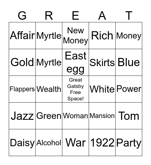 Great Gatsby Bingo Card