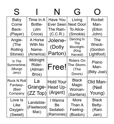 1970's Singo Bingo Card