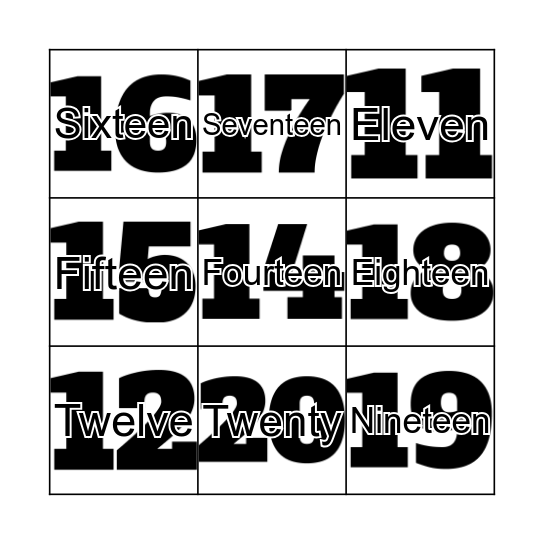 Numbers 11-20 Bingo Card
