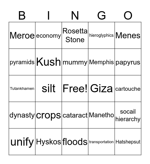 Egypt Bingo Card