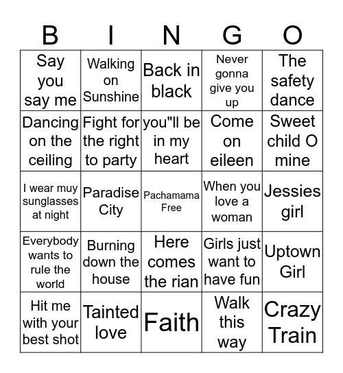 80s Theme Bingo Card
