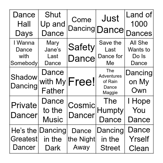 Let’s “Dance” Bingo Card