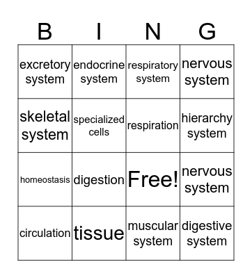 Human Body Systems Review Bingo Card