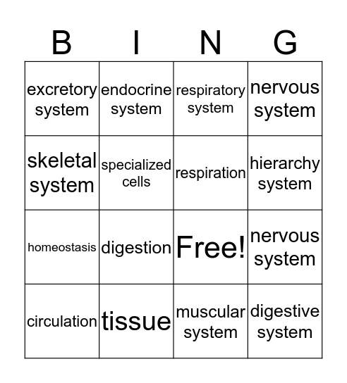 Human Body Systems Review Bingo Card