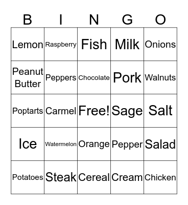 Food Fight Bingo Card