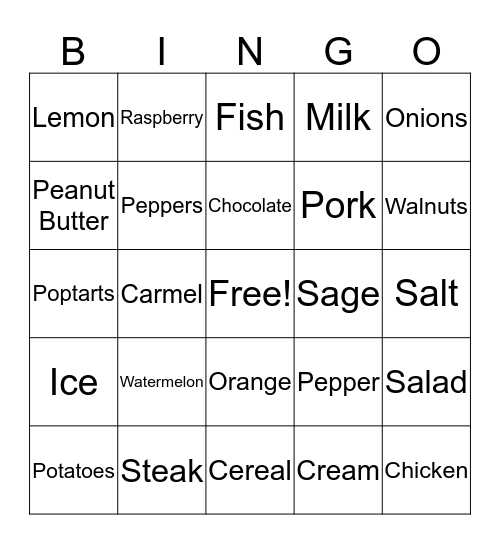 Food Fight Bingo Card