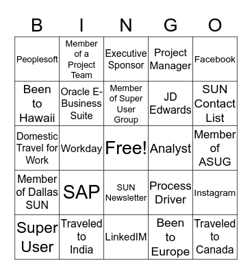 Dallas SUN Networking Bingo Card