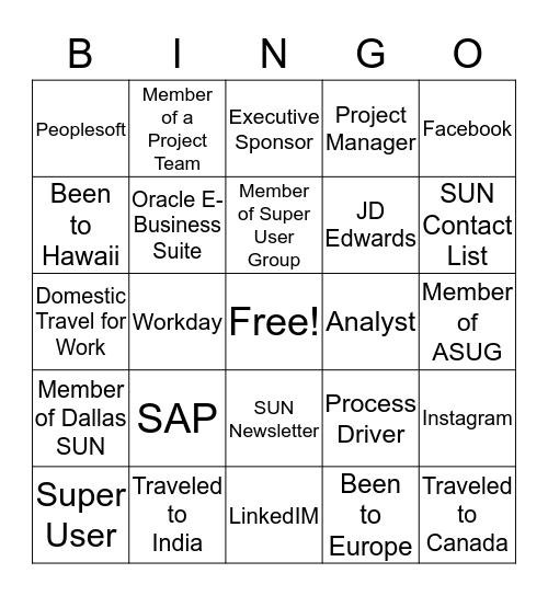Dallas SUN Networking Bingo Card