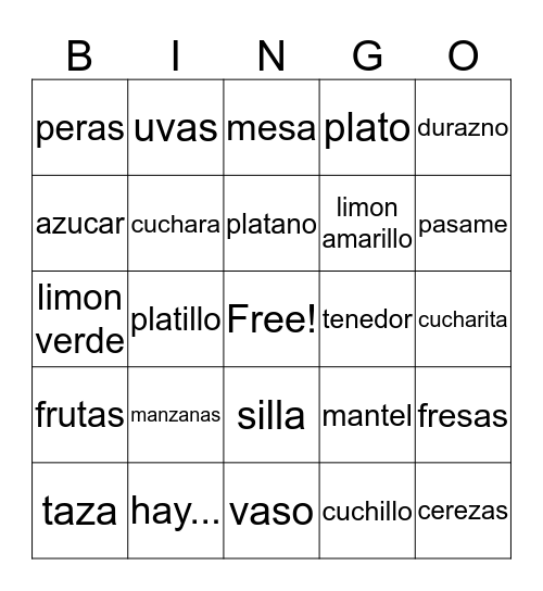 4th grade: Frutas y Cubiertos  Bingo Card