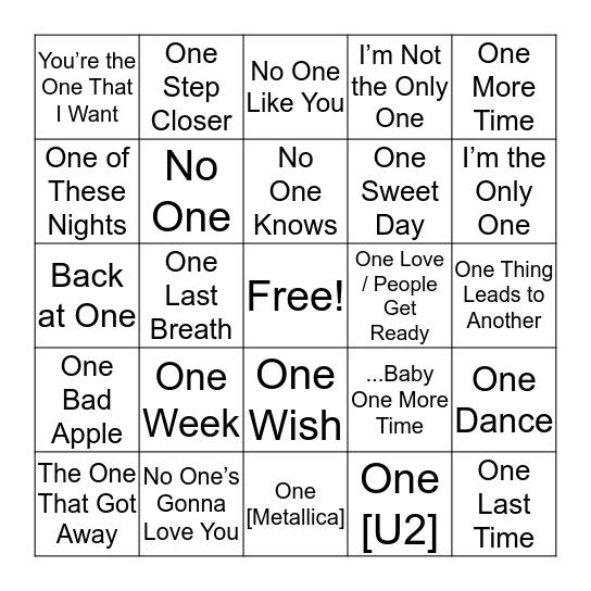 Number “One”s Bingo Card