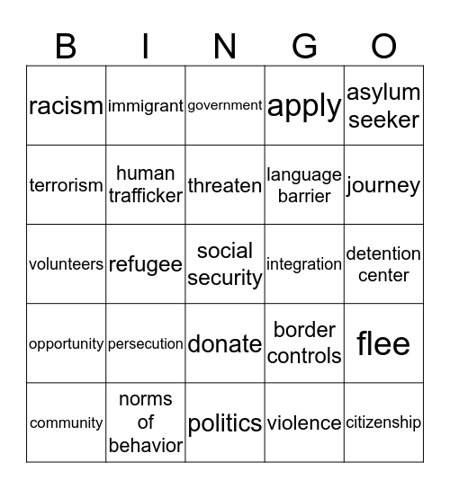Immigration Vocab Bingo Card