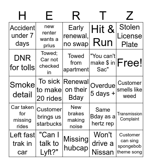 Hertz/Lyft XD Bingo Card