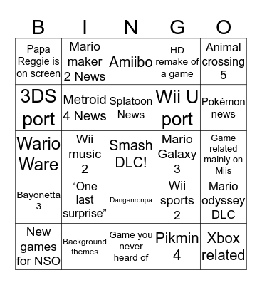 Nintendo E3 bingo Card