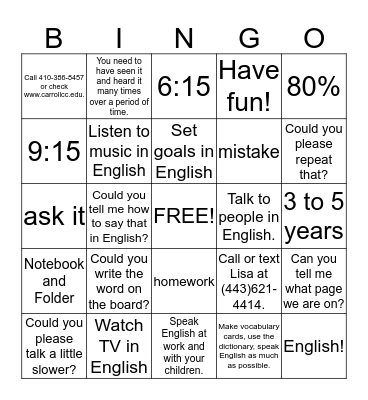 Things to Know for English Class Bingo Card