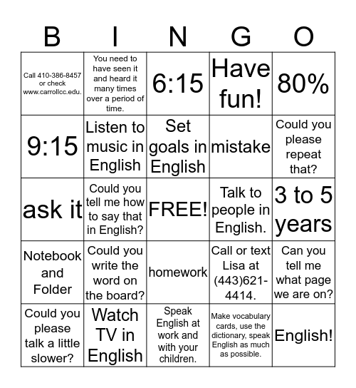 Things to Know for English Class Bingo Card