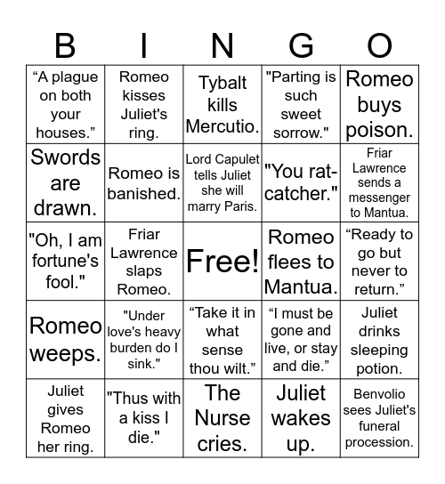 Romeo and Juliet Bingo Card