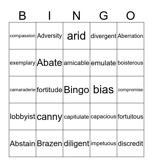 Vocabulary Bingo Card