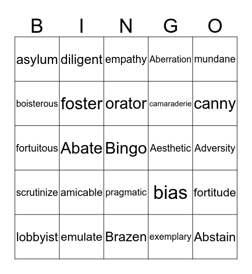 Vocabulary Bingo Card