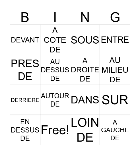 LES PREPOSITIONS Bingo Card