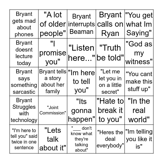 Bryant Bingo Card