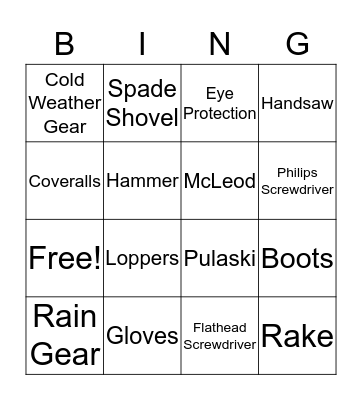 PPE & Tool Bingo Card