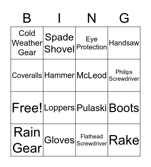 PPE & Tool Bingo Card