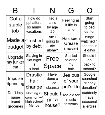 Quarter Life Bingo Card