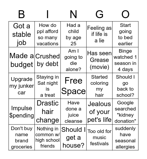 Quarter Life Bingo Card