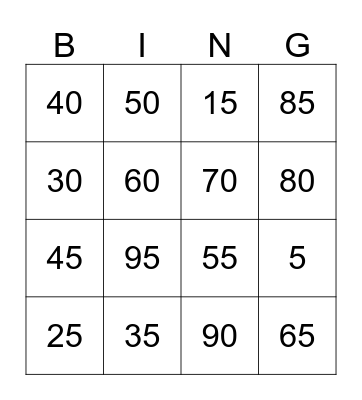 5 Times Table Bingo Card